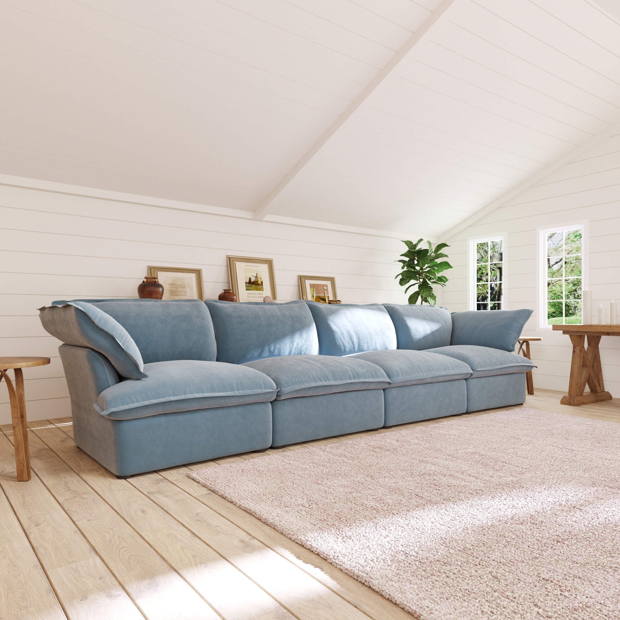 Baby blue 4-seat washable velvet sofa with replaceable slipcovers.