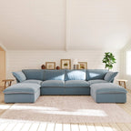 Baby blue velvet 4-seat U-shaped sectional with washable covers and storage ottomans.