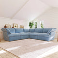 Baby blue velvet corner slipcovered  sectional with 5 seats.