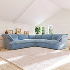 Baby blue velvet corner slipcovered  sectional with 5 seats.