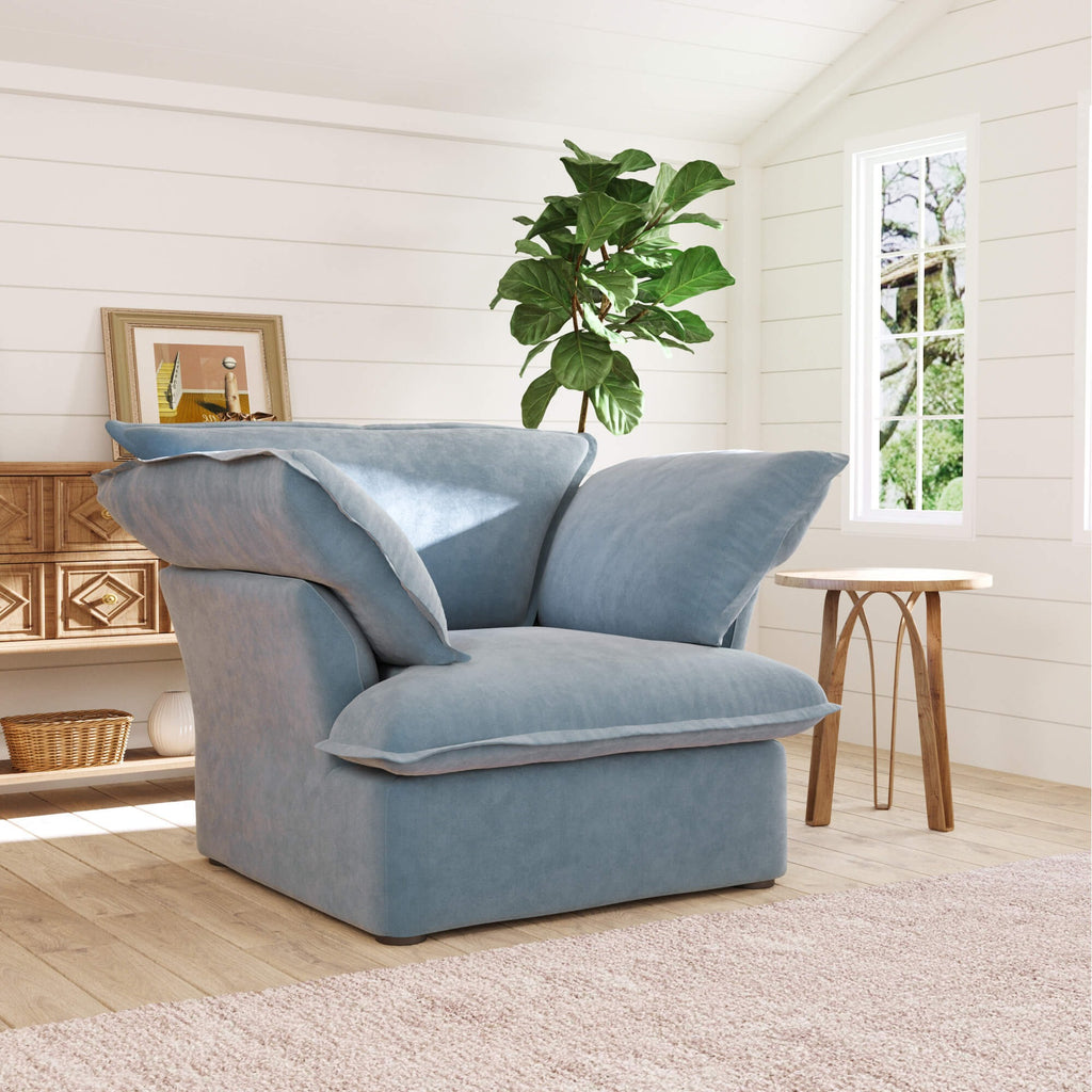 Baby blue washable armchair, upholstered in performance velvet.