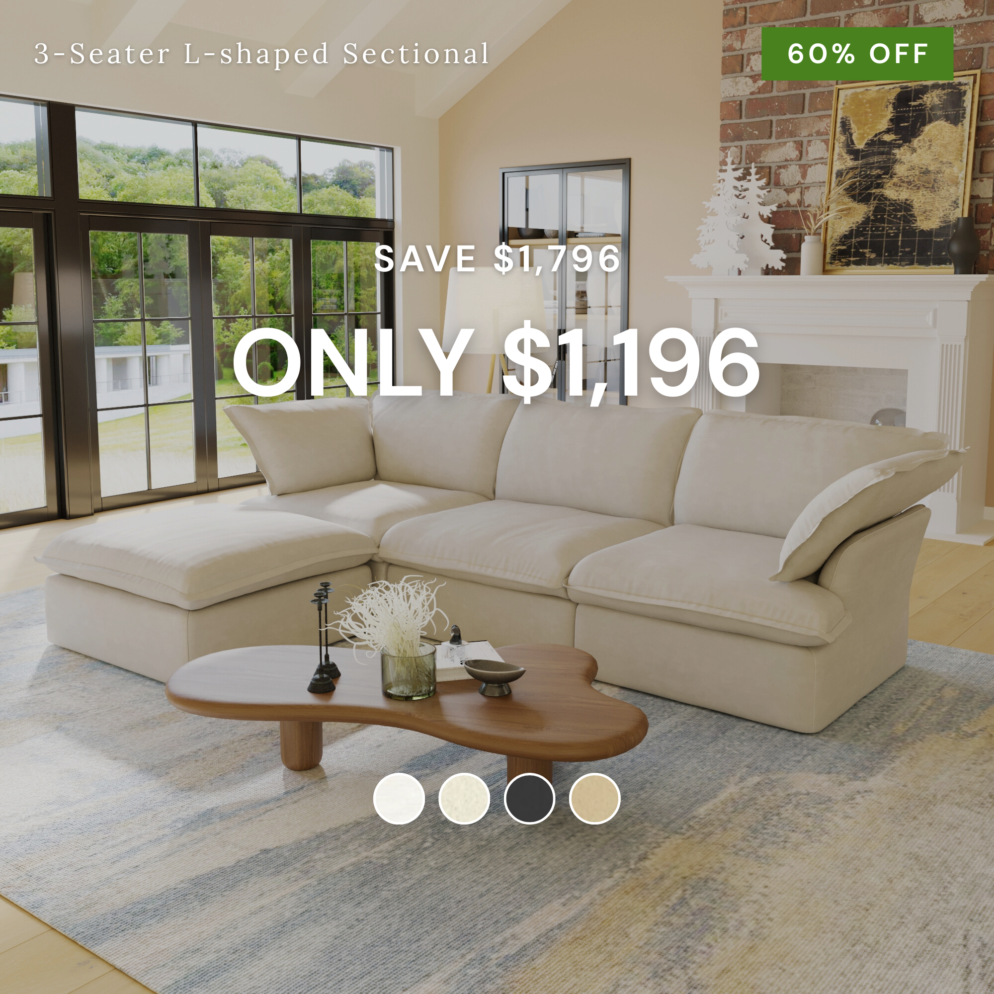 Beige sectional sofa in a living room with a coffee table and large windows.