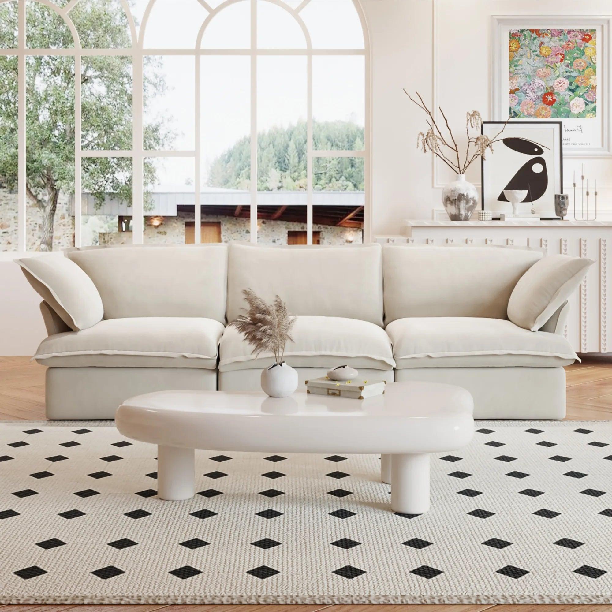 A beige 3-seater linen sectional sofa in a modern living room setting with deep seating.