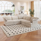 A beige 5-piece L-shaped linen sectional sofa arranged in a living room setting with a patterned rug on the floor.