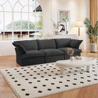 A black 3-seater linen sectional sofa in a modern living room setting with deep seating.