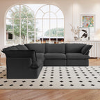 A black 5-piece corner linen sectional sofa arranged in a living room setting with a patterned rug on the floor.
