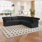A black 5-piece corner linen sectional sofa arranged in a living room setting with a patterned rug on the floor.