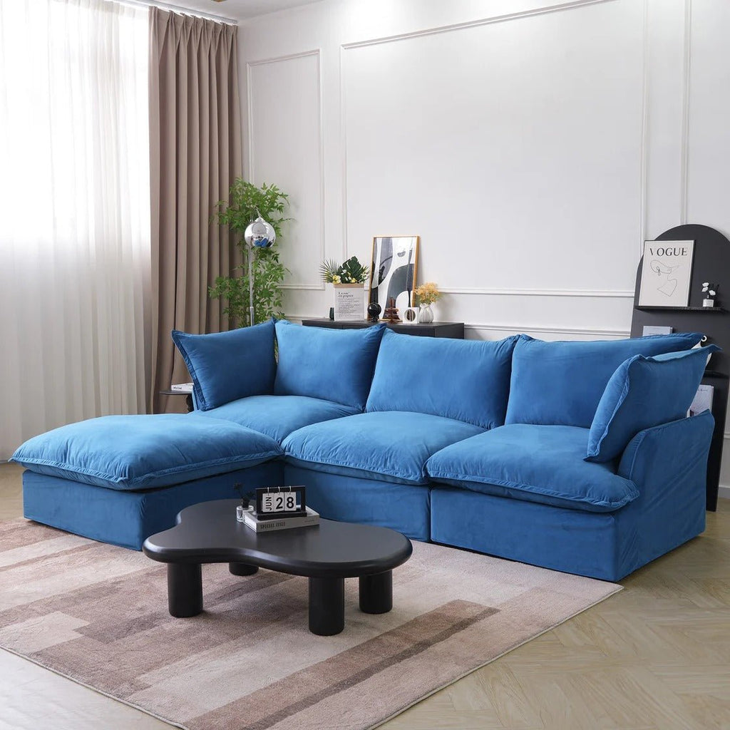 Washable 3-seater L-shaped sectional with replaceable covers in blue velvet.