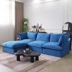 Washable 3-seater L-shaped sectional with replaceable covers in blue velvet.