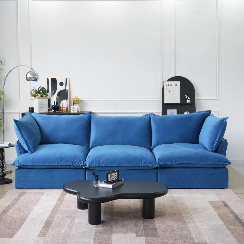 Blue velvet 3-seater sofa with washable replaceable covers