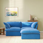 Modular velvet loveseat sofa with storage ottoman and curved armrests in blue, front