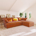 Dark orange L-shaped 4-seater sectional sofa in a living room with white walls and a window.