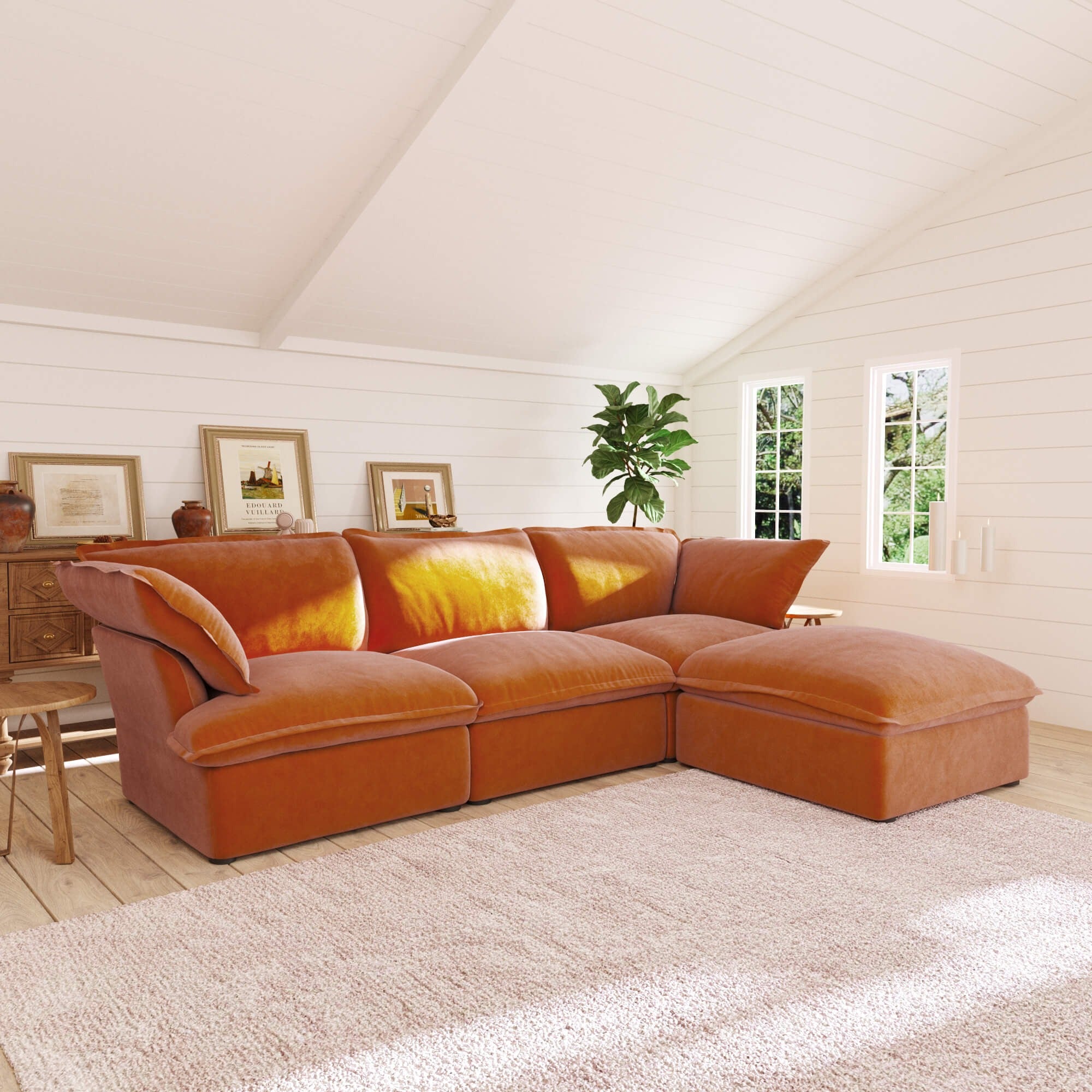 Dark orange L-shaped 4-seater sectional sofa in a living room with white walls and a window.