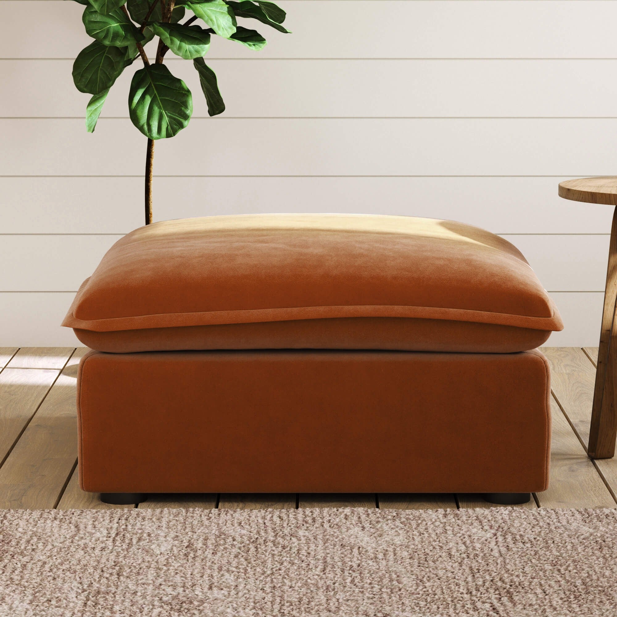 Dark orange ottoman on a wooden floor with a plant in the background