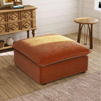 Dark orange ottoman in a room with wooden furniture and decor.