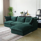 Washable 3-seater L-shaped sectional sofa with storage ottoman in green velvet.