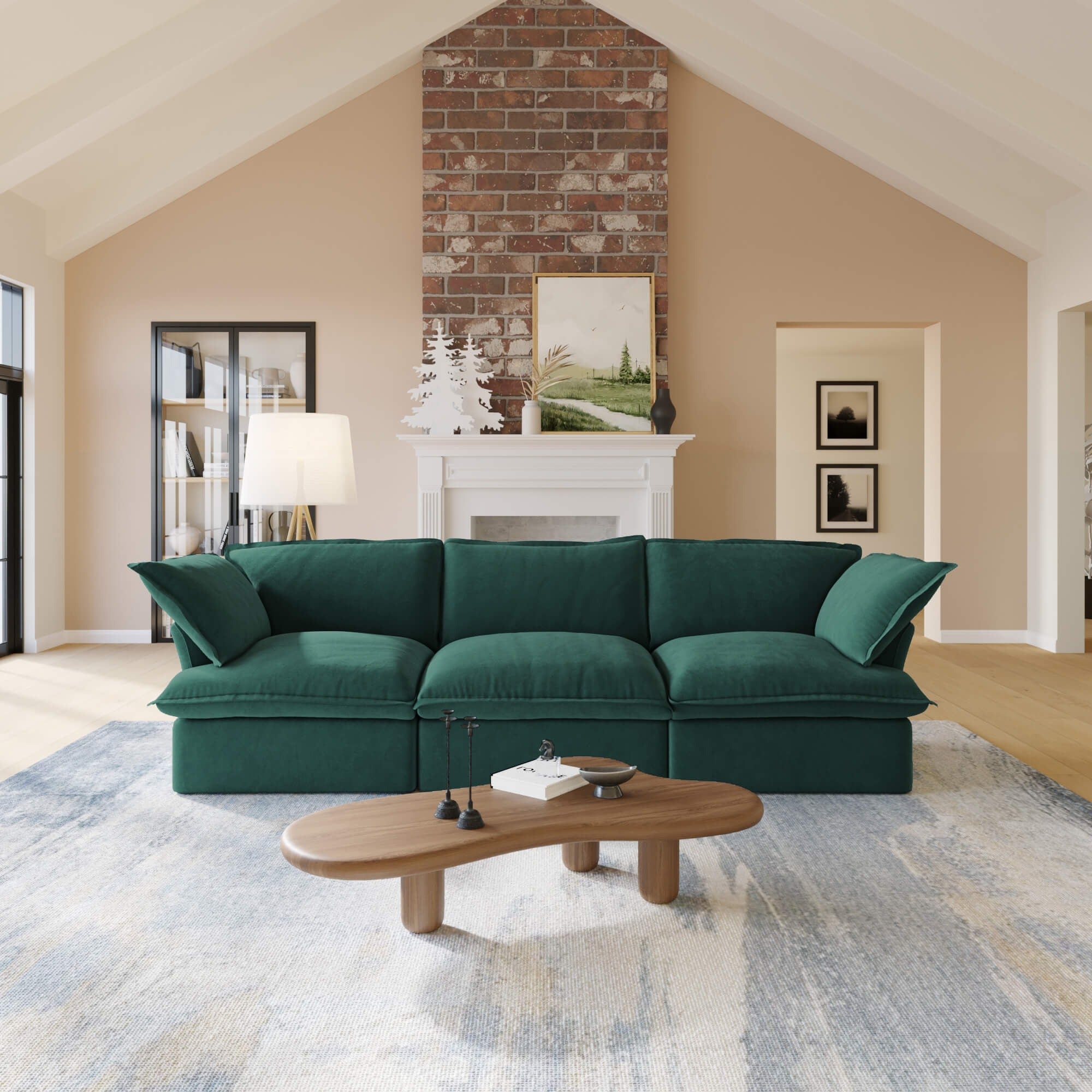 Green 3-seat sectional sofa in a living room with a fireplace and decor.