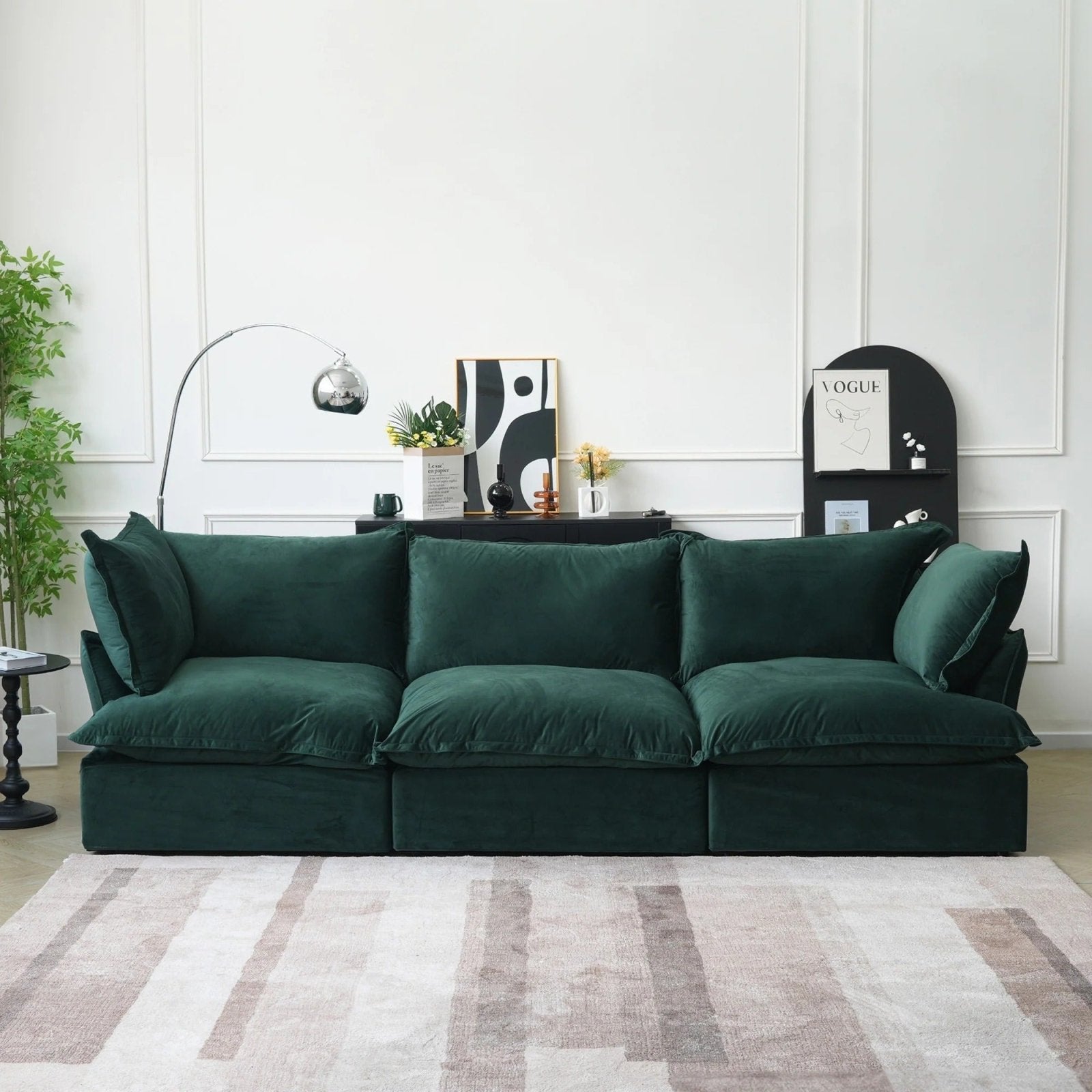 Green velvet 3-seater with washable covers, modular design