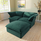 Modular velvet loveseat sofa with storage ottoman and curved armrests in green, side