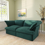 Modular velvet loveseat sofa with curved armrests in green, side