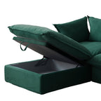 Close-up of an open storage ottoman that empty inside of a green sofa