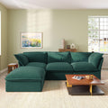 An L-shaped velvet sectional sofa in green color, with a replaceable cover, arranged in a living room setting.