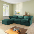 An L-shaped velvet sectional sofa in green color, with a replaceable cover, arranged in a living room setting.