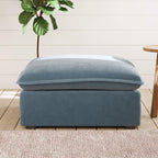 Light blue ottoman on a wooden floor with a plant in the background