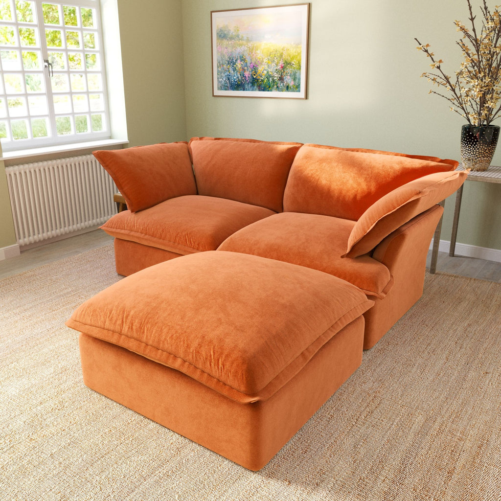Modular orange velvet sectional with replaceable washable covers, side