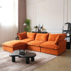 Washable velvet 3-seat L-sectional sofa with replaceable covers in orange velvet.