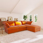 Orange L-shaped 4-seater sectional sofa in a living room with white walls and a window.