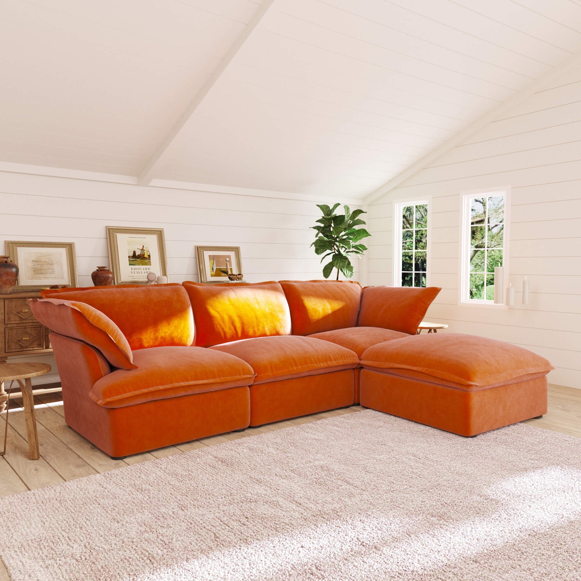 Orange L-shaped 4-seater sectional sofa in a living room with white walls and a window.