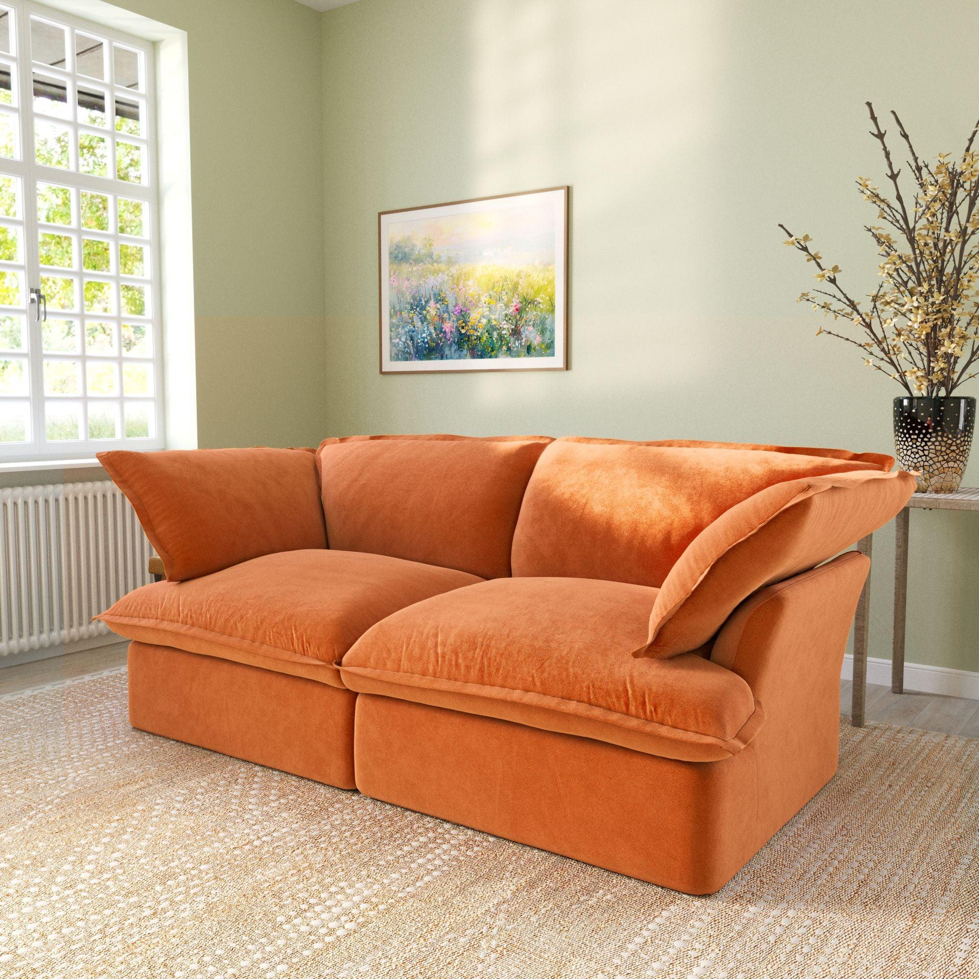 Modular sectional loveseat sofa with curved armrests, side