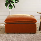 Orange ottoman with a plant and wooden table in the background