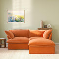 Modular velvet loveseat sofa with storage ottoman and curved armrests in orange, front