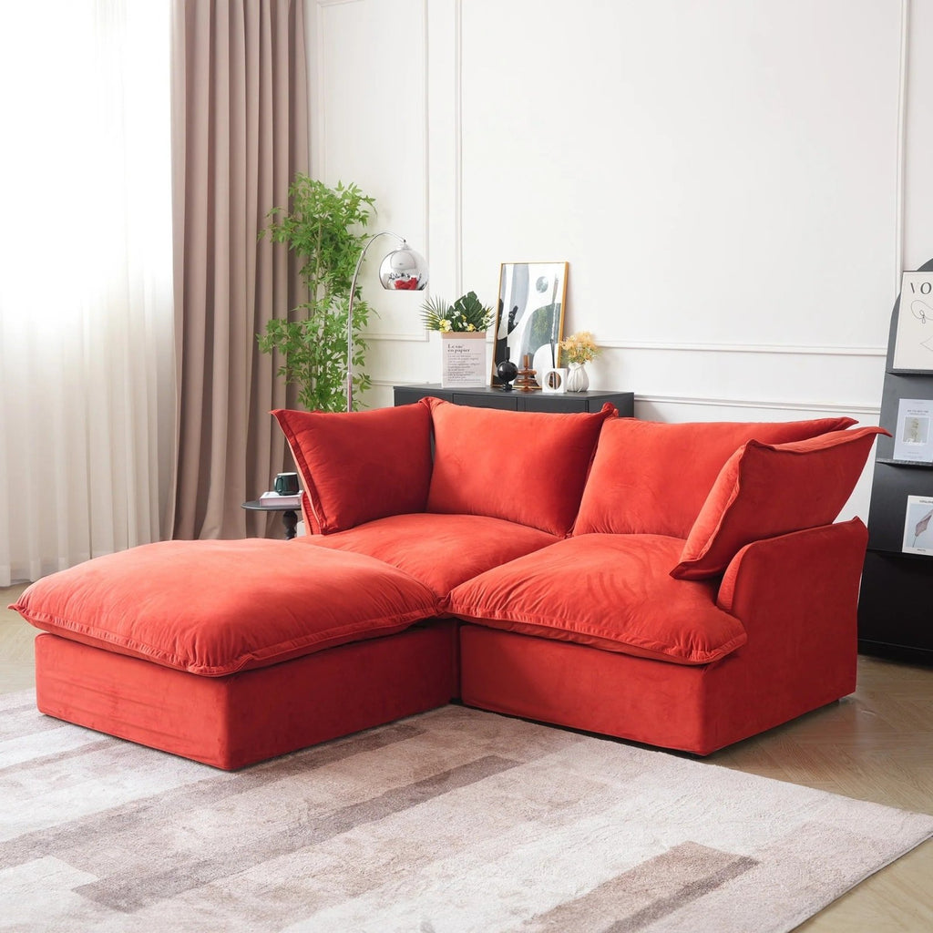 Washable 2-seat sofa with storage ottoman and removeable covers in red velvet.