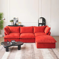 Red velvet 3-seater L-shaped sectional with washable covers and storage ottoman.