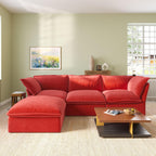 An L-shaped, red velvet modular sectional sofa in a living room setting with a hidden storage ottoman.