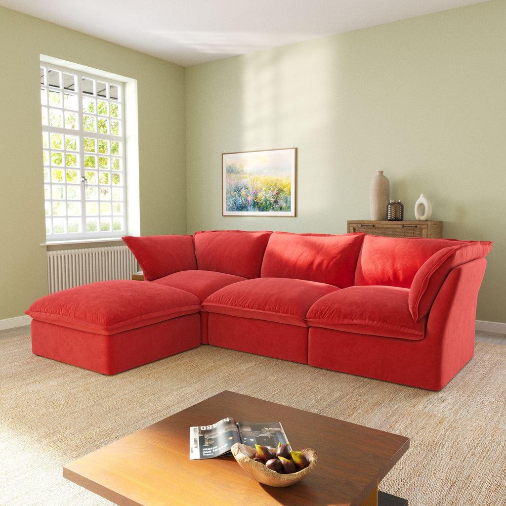 An L-shaped velvet sectional sofa in red color, with a replaceable cover, arranged in a living room setting.