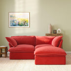 Modular velvet loveseat sofa with storage ottoman and curved armrests in red, front