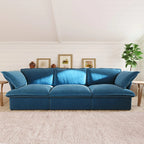 Sky blue 3-seat sofa in a living room with a neutral color palette