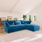 Sky blue L-shaped 4-seater sectional sofa in a living room with white walls and wooden floor.