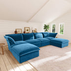 Sky blue U-shaped sectional sofa in a living room with wooden floor and white walls