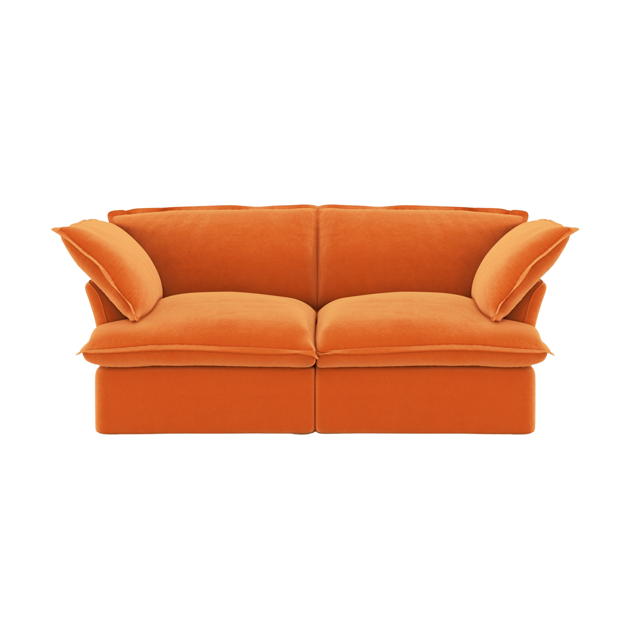 Orange velvet sofa with flared armrests on a white background