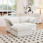 A white chaise lounge loveseat linen sectional sofa with a modular design and a storage ottoman, placed on a patterned rug in a bright living space.