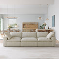 Khaki 3-seater sofa in a modern living room with a neutral color palette