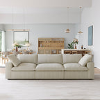 Khaki 3-seater sofa in a modern living room with a neutral color palette