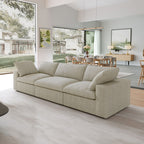 Khaki 3-seater sectional sofa in a modern living room with large windows and a dining area.