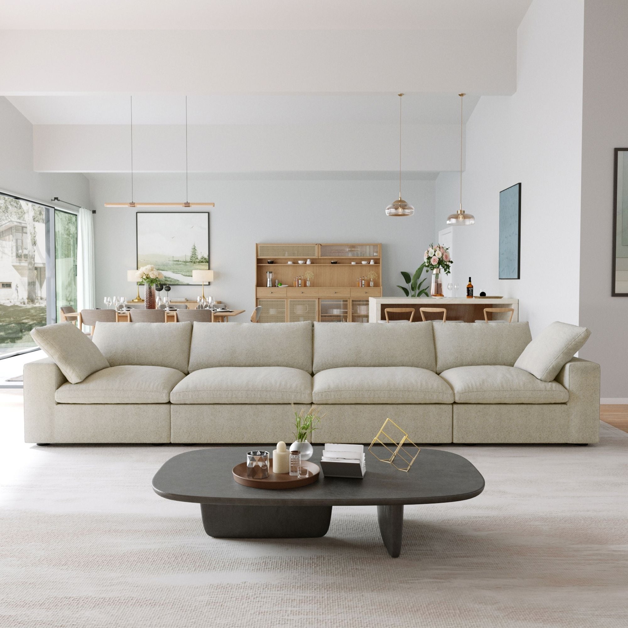 Modern living room with a khaki 4-seat  sectional sofa and a coffee table.