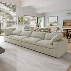 Khaki 4-seat sectional sofa in a modern living room with large windows and a dining area.